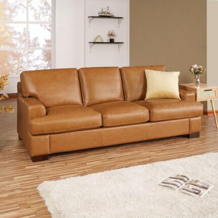 Naomi Home Siggy Genuine Leather Sofa - Luxurious Comfort, Goose Feather Cushion Filling, Square Arm Design, Sturdy Block Legs, Elegant Tan - Ideal for Living Room, Office, or Bedroom