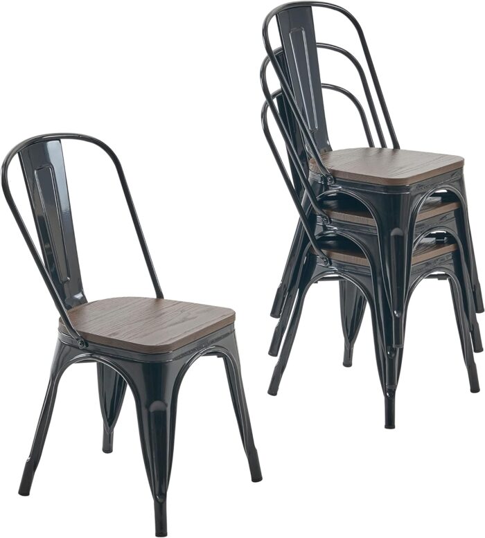 Nazhura Metal Dining Chair Farmhouse Tolix Style for Kitchen Dining Room Café Restaurant Bistro Patio, 18 Inch, Stackable, Waterproof Indoor/Outdoor (Sets of 4) (Black with Wood Padding)