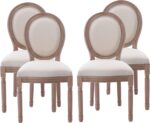 Nrizc French Country Dining Chairs Set of 4, Farmhouse Fabric Chairs with Round Back, Solid Wood Legs, Oval Side Chairs for Kitchen/Bedroom/Dining Room