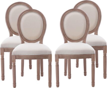 Nrizc French Country Dining Chairs Set of 4, Farmhouse Fabric Chairs with Round Back, Solid Wood Legs, Oval Side Chairs for Kitchen/Bedroom/Dining Room