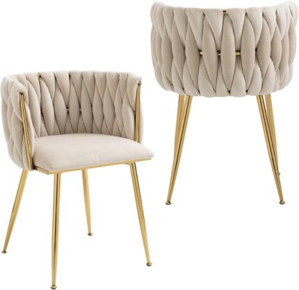 Nrizc Velvet Dining Chairs Set of 2, Woven Upholstered Dining Chairs with Gold Metal Legs, Modern Accent Chairs for Living Room, Dining Room, Kitchen