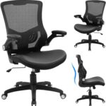 Office Chair Ergonomic Desk Chair, Computer PU Leather Home Office Chair, Swivel Mesh Back Adjustable Lumbar Support Flip-up Arms Executive Task Chair