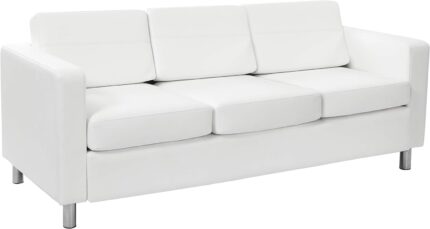 Office Star Pacific Sofa with Padded Box Spring Seats and Silver Finish Legs, Dillon Snow Faux Leather