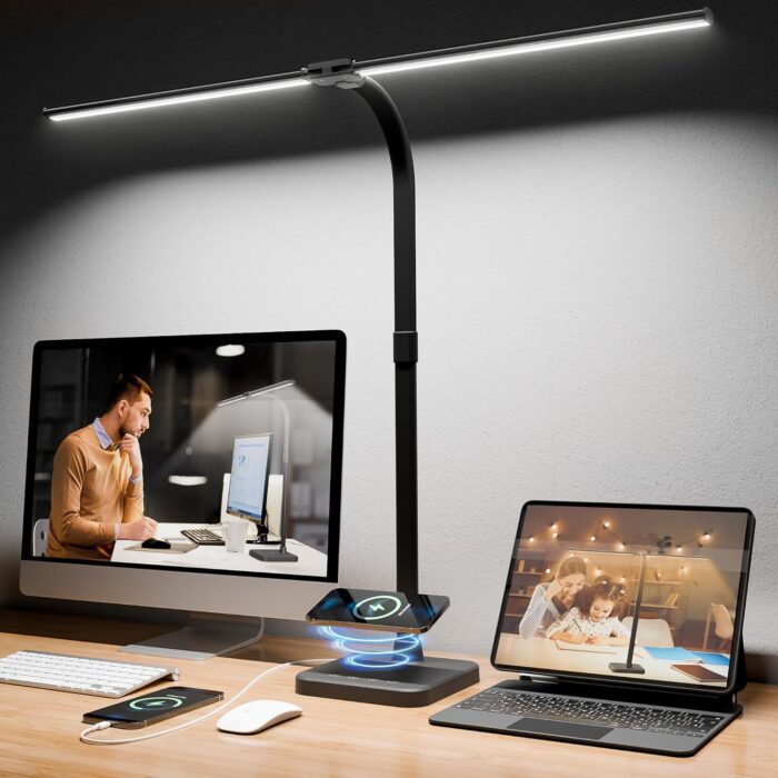 Otdair LED Desk Lamp for Home Office with Wireless Charger, 5 Modes 24W Double Head Flexible Gooseneck Eye-Caring Reading Study Light, Architect Light 5 Brightness Adjustable with Timer (Black)