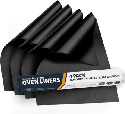 Oven Liners for Bottom of Oven - 4 Pack Large Heavy Duty Mats, 17”x25” Non-Stick Reusable Liner for Electric, Gas, Toaster Ovens, Grills - BPA & PFOA Free Kitchen Accessory to Keep Oven Clean (Black)