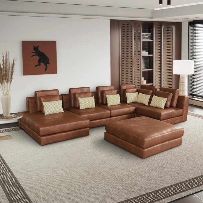 Oversized Modular Technical Leather Sectional Sofa Couch,U Shaped Convertible Corner Couch with Reversible Chaise Lounge and Movable Ottoman, Living Room Furniture Sets,Brown