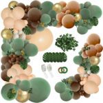 PERPAOL 148PCS Sage Green Brown Balloon Garland Kit, Jungle Safari Woodland Forest Wild One Camper Balloon Arch, Olive Green Gold Coffee Cocoa Balloons for Birthday Wedding Shower Party Decorations