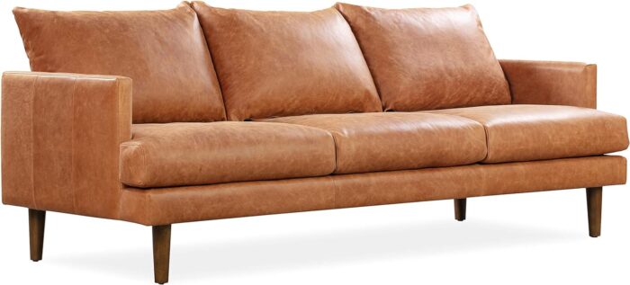 POLY & BARK Girona Leather Couch – 88-Inch Leather Sofa with Tufted Back - Full Grain Leather Couch with Feather-Down Topper On Seating Surfaces – Pure-Aniline Italian Leather – Cognac Tan