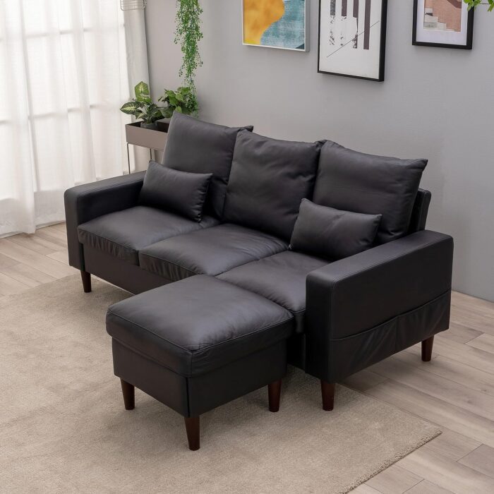 Panana Convertible Sectional Sofa Couch, 3 Seat L-Shaped Couch with Ottoman Set, Modern Balck Leather-Like Fabric Couches for Living Room, Office, Small Space (3 Seater with Ottoman)