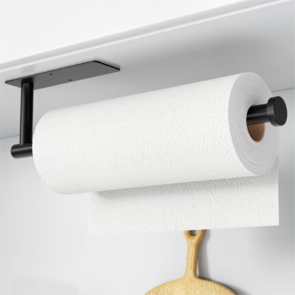 Paper Towel Holder - Self-Adhesive or Drilling, Matte Black Wall Mounted Rack - SUS304 Stainless Steel Kitchen Roll Holder Under Cabinet