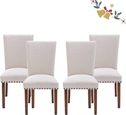 Parsons Dining Chairs Set of 4, Upholstered Fabric Dining Room Kitchen Side Chair with Nailhead Trim and Wood Legs - Beige