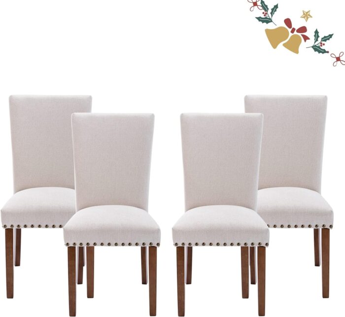 Parsons Dining Chairs Set of 4, Upholstered Fabric Dining Room Kitchen Side Chair with Nailhead Trim and Wood Legs - Beige