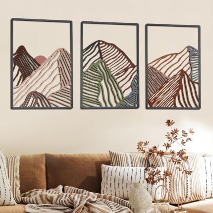 Peryiter 3 Pcs Mountain Metal Wall Art Mountain Line Wall Decor Abstract Minimalist Wall Art Rustic Nature Wall Decor for Home Bathroom Living Room(Colorful, Vibrant Style)