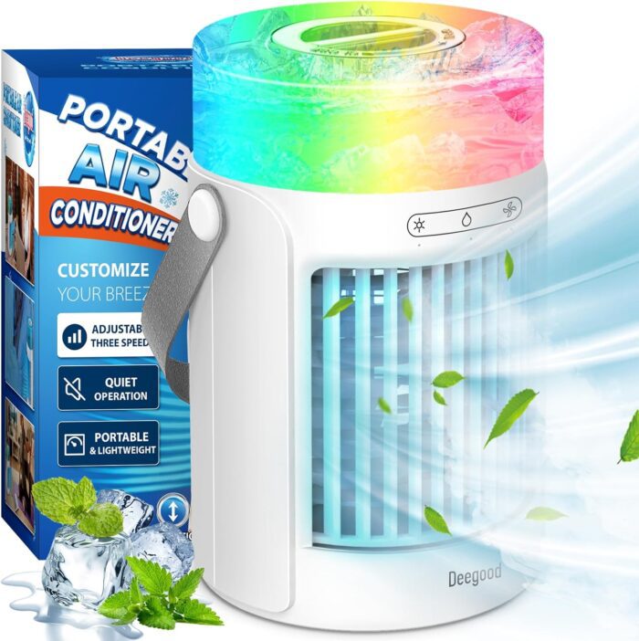 Portable Air Conditioners Fan, 600ML Evaporative Mini Air Cooler with 3 Speeds 7 Colors, Misting Humidifier Personal Air Cooler Touch Screen Desktop Cooling Fan with Large Water Tank for Home Office