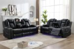 Power Recliner Sofa Sets with Bass Speaker,Wireless Charger Faux Leather Reclining Living Room Furniture Set 3-Seat Electric Couch Sofa Power Loveseat Recliner LED Light,USB Port,Cup Holder,2PCS,Black