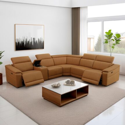 Power Reclining Sectional Sofa with Console，5 Seats Leather Sectional Couch Living Room Set L Shaped Couch with Cup Holders/USB Charging/Manually Adjustable Headrests