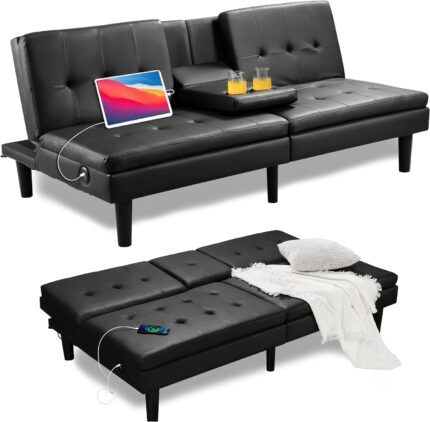 PrimeZone Futon Convertible Couch Bed - 69"W x 38"D x 29.5"H Faux Leather Futon Bed with USB & 2 Cupholders, Modern Memory Foam Sleeper Sofa Bed, Folding Loveseat for Apartment, Dorm, Office, Black