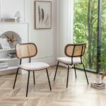 Rattan Dining Chairs Set of 2,Upholstered Kitchen Chairs,Mid Century Modern Dining Chairs,Kitchen & Dining Room Chairs,Cane Back Chairs for Dining Room with Black Metal Legs,Beige