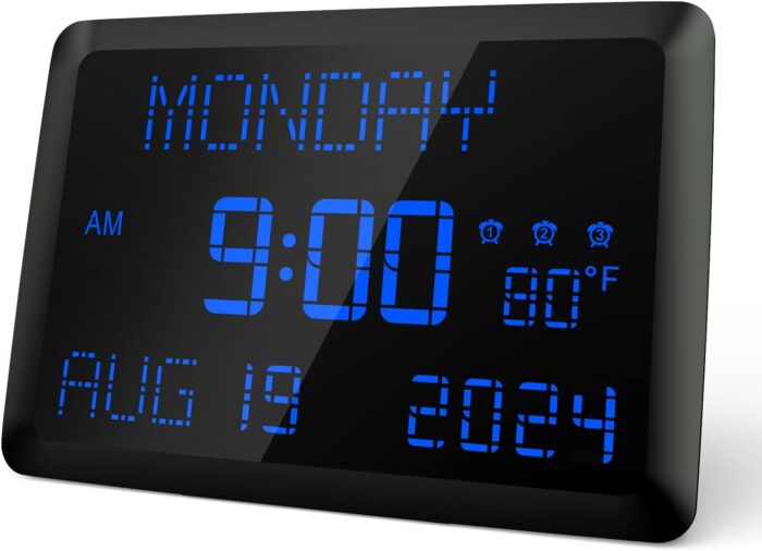 Raynic Digital Clock, 11.5" Large Display Digital Wall Clock,Adjustable Brightness Calendar Clock with Day and Date, Indoor Temperature, Snooze,12/24H, DST for Home, Office, Elderly