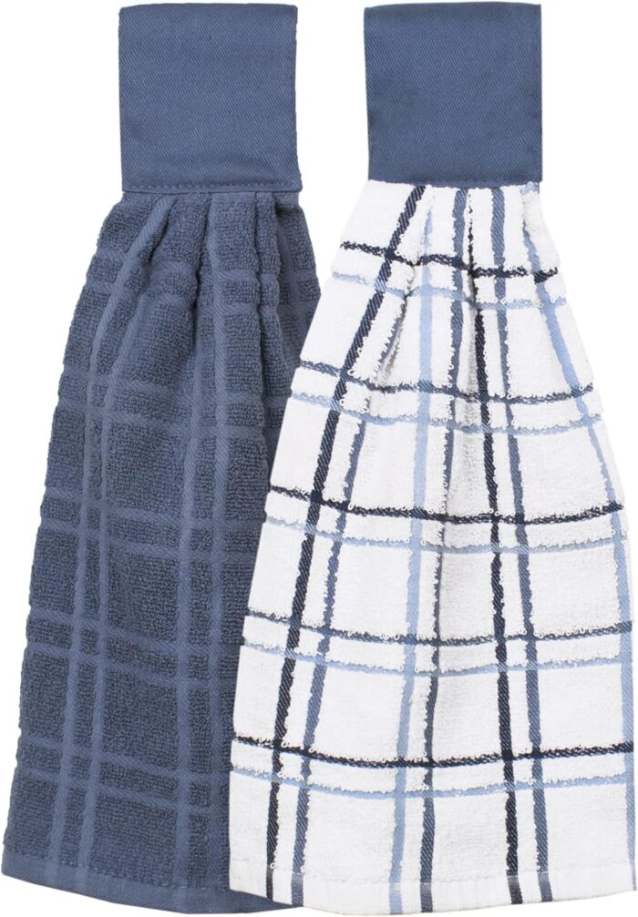 Ritz Premium 100% Cotton Solid and Multi Check Kitchen Tie Towel, Absorbent, Super Soft, and Fast Drying Hang Towel, Set of Two, Federal Blue