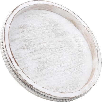 Round Wood Serving Tray with Beaded, 13” Rustic Wooden Decorative Coffee Table Tray for Centerpiece, Ottoman, Farmhouse Circle Trays for Counter, Living Room, Home Decor (Whitewashed)