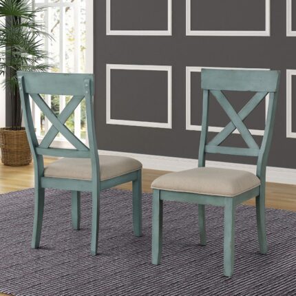 Roundhill Furniture Prato Two-Tone Wood Cross Back Upholstered Dining Chairs, Set of 2, Blue and Tan