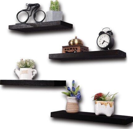 Rustic Wood Floating Shelves for Wall Decor Farmhouse Wooden Wall Shelf for Bathroom Kitchen Bedroom Living Room Set of 4 Black