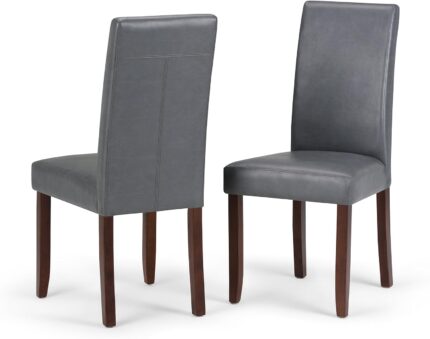 SIMPLIHOME Acadian SOLID WOOD Transitional Parson Dining Chair (Set of 2) in Stone Grey Faux Leather, For the Dining Room