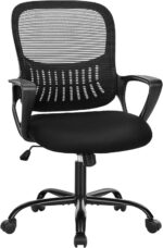 SMUG Office Computer Desk Chair, Ergonomic Mid-Back Mesh Rolling Work Swivel Task Chairs with Wheels, Comfortable Lumbar Support, Comfy Arms for Home, Bedroom, Study, Dorm, Student, Adults, Black