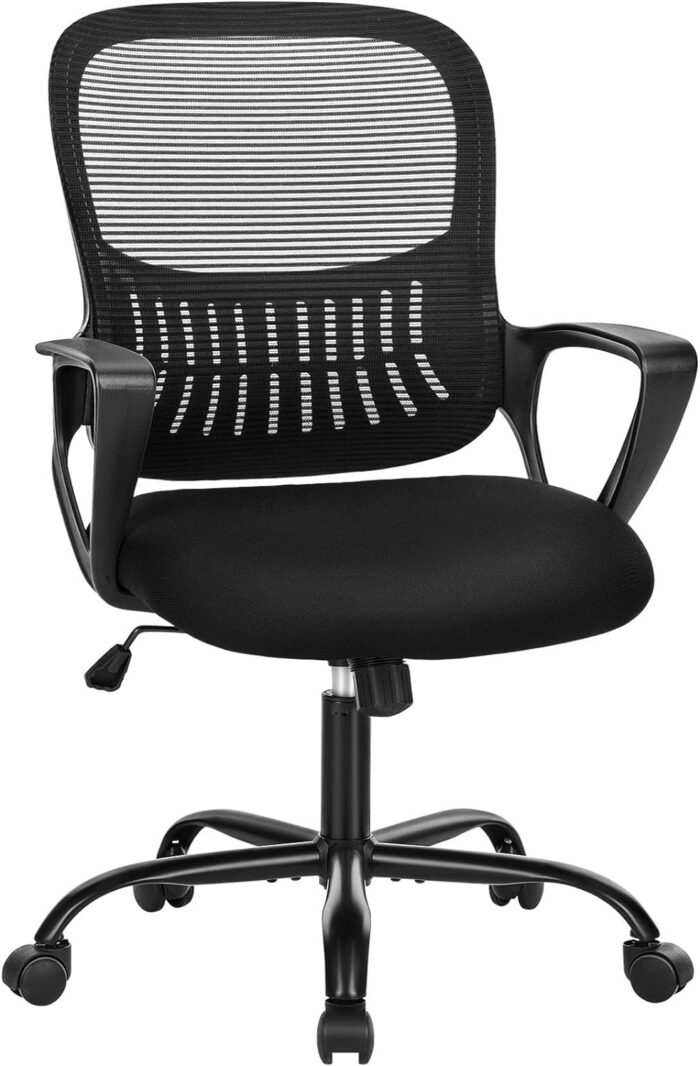 SMUG Office Computer Desk Chair, Ergonomic Mid-Back Mesh Rolling Work Swivel Task Chairs with Wheels, Comfortable Lumbar Support, Comfy Arms for Home, Bedroom, Study, Dorm, Student, Adults, Black