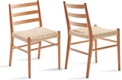 STARY Wood Rattan Dining Room Chairs Comfortable Woven Seat, Fully Assembled, Nature - Set of 2