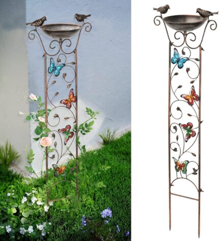 SUNNYPARK Bird Bath with Trellis Outdoor, Antique Garden Iron Trellis with Decorative Butterflies Detachable Bird Bowl Metal Potted Plants Support for Climbing Flowers