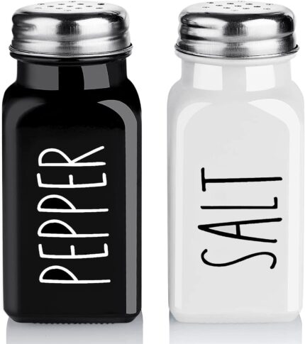 Salt and Pepper Shakers Set, Cute Glass Spice Shaker with Stainless Steel Lid, Black and White Kitchen Table Decor and Accessories for Counter, for Kitchen Wedding Gifts, 2.7oz Each