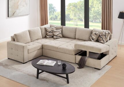 Sectional Sleeper Sofa with Pull Out Bed and Storage Chaise, U Shape Sectional Sofa Bed, Oversized Sectional Sleeper Couch for Living Room Beige