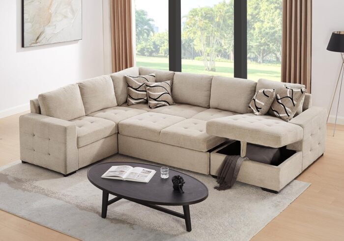 Sectional Sleeper Sofa with Pull Out Bed and Storage Chaise, U Shape Sectional Sofa Bed, Oversized Sectional Sleeper Couch for Living Room Beige