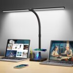 ShineTech LED Desk Lamp for Home Office, 24W Double Head Desk Light with Wireless Charging, USB Port, 25 Lighting Modes Adjustable Gooseneck Lamps