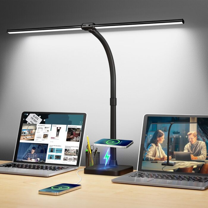 ShineTech LED Desk Lamp for Home Office, 24W Double Head Desk Light with Wireless Charging, USB Port, 25 Lighting Modes Adjustable Gooseneck Lamps