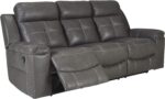 Signature Design by Ashley Jesolo Modern Faux Leather Manual Pull Tab Double Reclining Sofa, Dark Gray