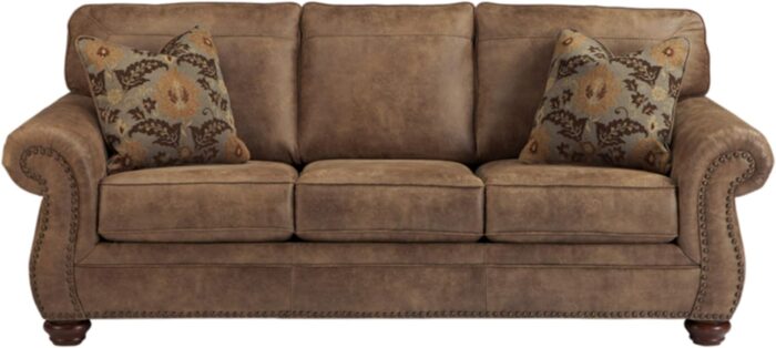 Signature Design by Ashley Larkinhurst Faux Leather Queen Sofa Sleeper with Nailhead Trim and 2 Accent Pillows, Brown