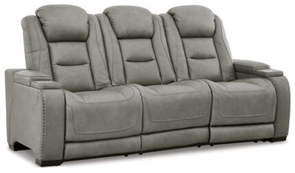 Signature Design by Ashley The Man-Den Leather Power Reclining Sofa with Adjustable Headrests & Wireless Charging, Gray