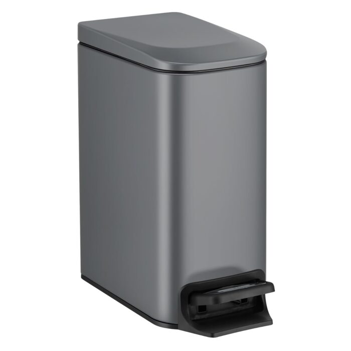 Slim Bathroom Trash Can with Lid Soft Close, 6 Liter / 1.6 Gallon Stainless Steel Garbage Can with Removable Inner Bucket, Step Pedal, Small Trash Cans for Bedroom, Office, Kitchen (Grey)