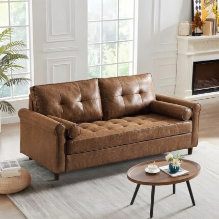 Small Couch, 60 Inch Mid-Century Modern Faux Leather Upholstered Loveseat Sofa Furniture for Small Space, Living Room, Bedroom, 2 Throw Pillows, Rolled Arm, Back Cushion, Brown