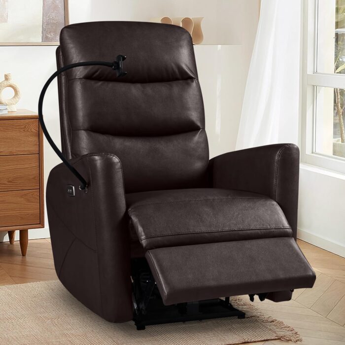 Small Power Recliner Chair with USB Port and Phone Holder for Adults Ergonomic Leather Recliner,Single Sofa for Small Space, Living Room, Bedroom,Apartment(Brown)