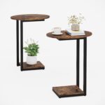 Small Side Table Set of 2 - C-Shaped Wood Sofa End Table with Metal Frame for Living Room, Bedroom, Small Spaces (Rustic Brown)