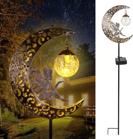 Solar Garden Lights Outdoor Decor,Moon Fairy Crackle Glass Lights,Waterproof Warm White LED Metal Stake Ornament,for Walkway Backyard Patio Lawn Pathway Decorations-Unique Gift Ideas for Gardening