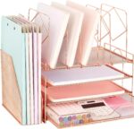 Spacrea Desk Organizers and Accessories, 4-Tier Letter Trays Paper Organizer with File Holder and Drawer, File Organizer for Home Office Supplies Desk Accessories & Workspace Organizers（Rose Gold）