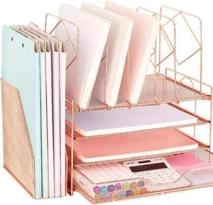 Spacrea Desk Organizers and Accessories, 4-Tier Letter Trays Paper Organizer with File Holder and Drawer, File Organizer for Home Office Supplies Desk Accessories & Workspace Organizers（Rose Gold）