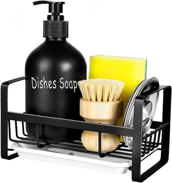 Sponge Holder for Kitchen Sink- Stainless Steel Kitchen Sink Caddy for Organizing Sponge, Brush & Soap Dish Dispenser, Kitchen Sink Organizer Rack with Adhesive or Counter top, Black