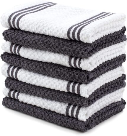 Sticky Toffee Cotton Kitchen Towels Dishcloths Set of 8, Gray and White Tea Towels, Reusable and Absorbent Cleaning Cloths, Oeko-Tex Cotton, 12 in x 12 in