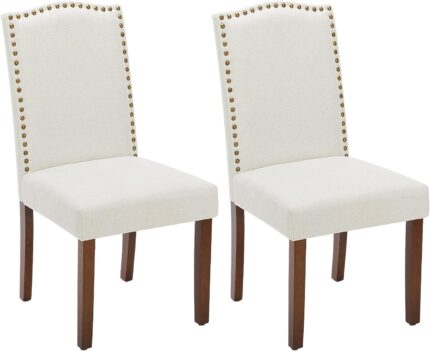 Sweetcripy Dining Chairs Set of 2, High-end Upholstered Leather Dining Room Chair with Nailhead Trim and Wood Legs, Dining Room Kitchen Side Chair for Bedroom, Living Room, Dining Room, Beige